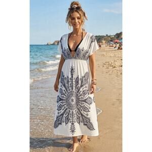 Cristinalove Summer Dress M White & Navy Medallion Print V Neck Boho CoverUp